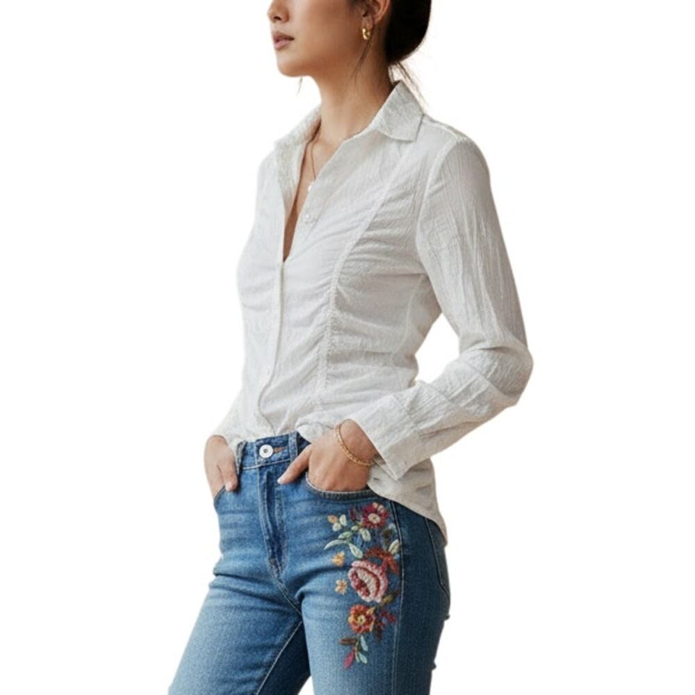 Y2K White Ruched Cotton Button Down Shirt Long Sleeve Fitted Coquette Sz M - Picture 16 of 16